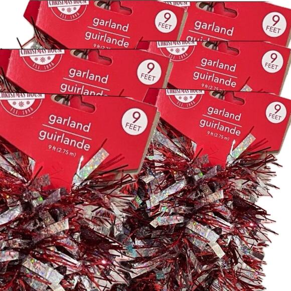 54 ft. Christmas House Tinsel Garland • Red & Silver‎ • Bundle of 6 (9ft. each) - Picture 1 of 2